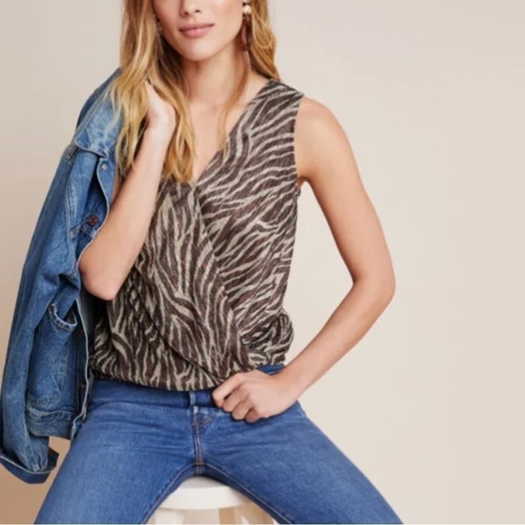 Anthropologie Tops - NWT Anthropologie Eri + Ali Kasi Shimmer Faux Wrap Zebra Print Sleeveless Top